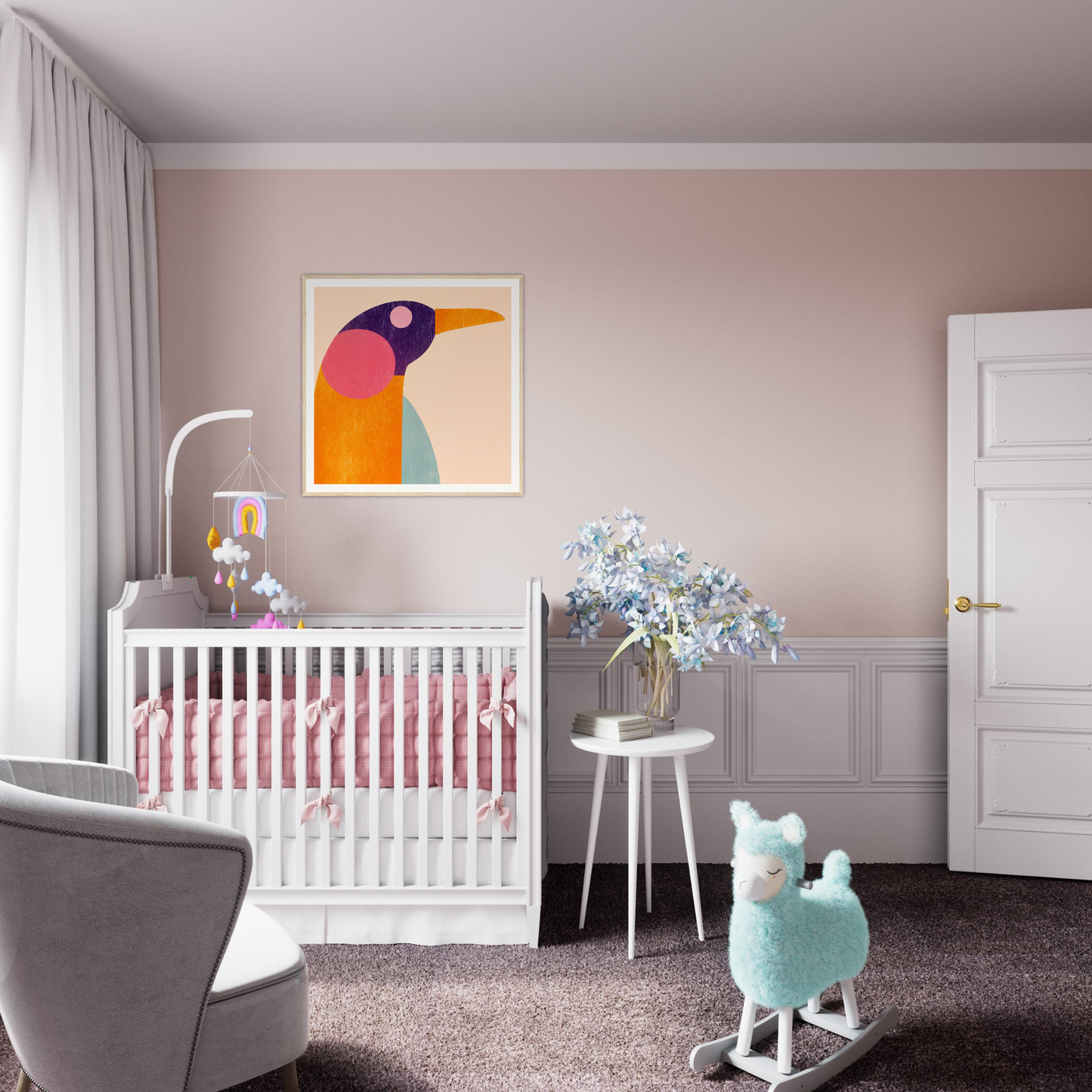 Cute white wooden crib with pink bedding, perfect for nursery decor and framed posters