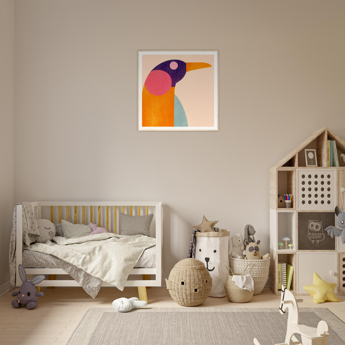 Colorful geometric bird artwork in a white frame for fun nursery wall art decor