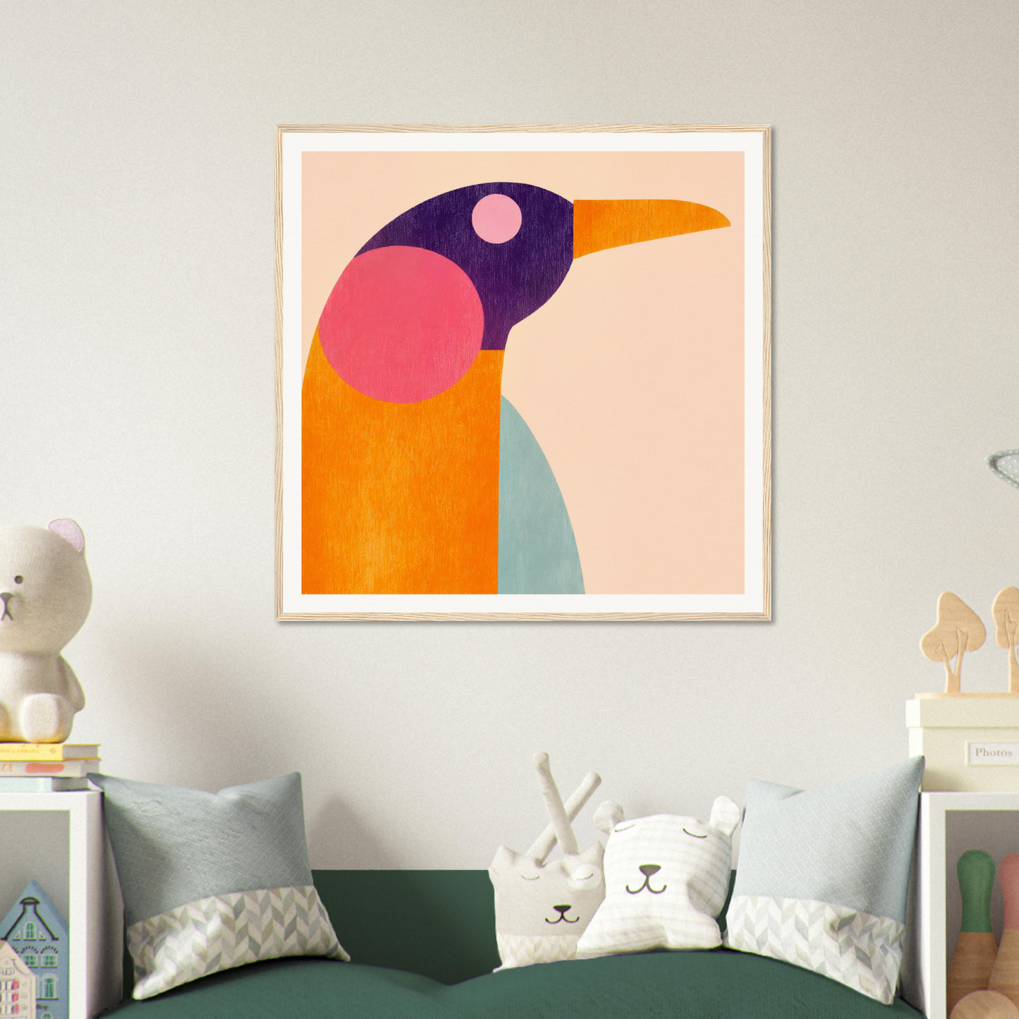 Abstract geometric bird artwork in pastel colors, perfect for nursery wall art or decor