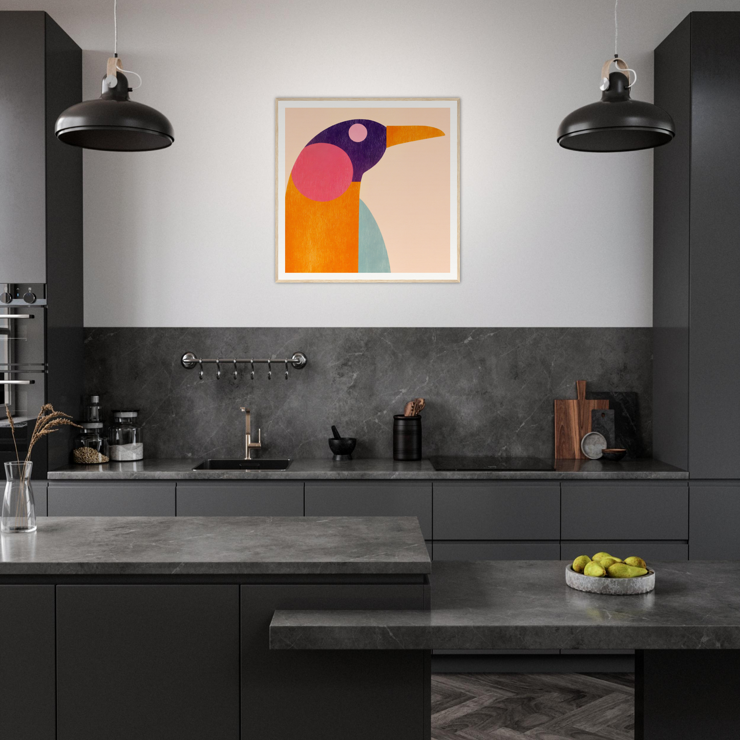 Modern dark kitchen featuring colorful geometric bird nursery wall art on the wall