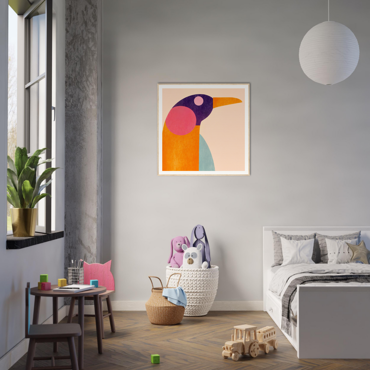 Colorful geometric bird artwork in a square frame for nursery wall art decor