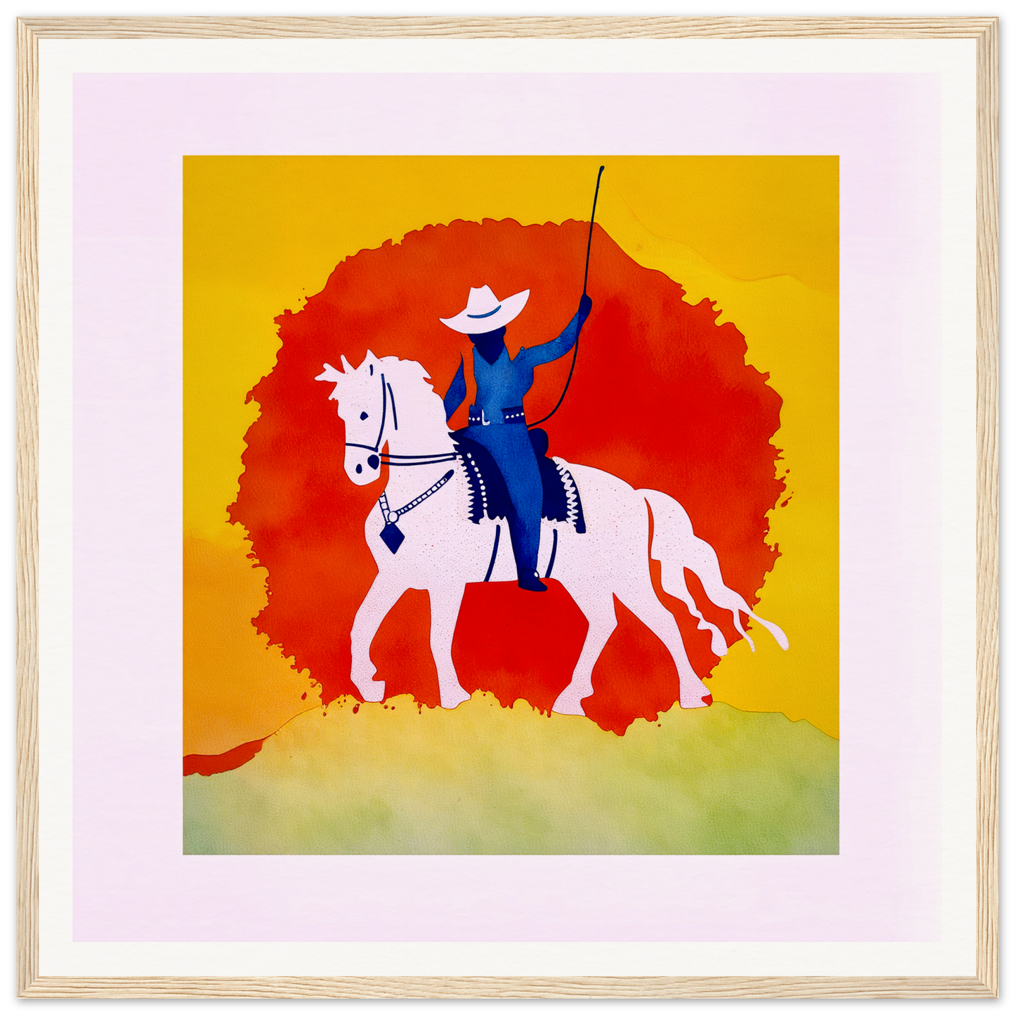 Cowbpy Rider in blue on a white horse with a bold red backdrop for nursery wall art