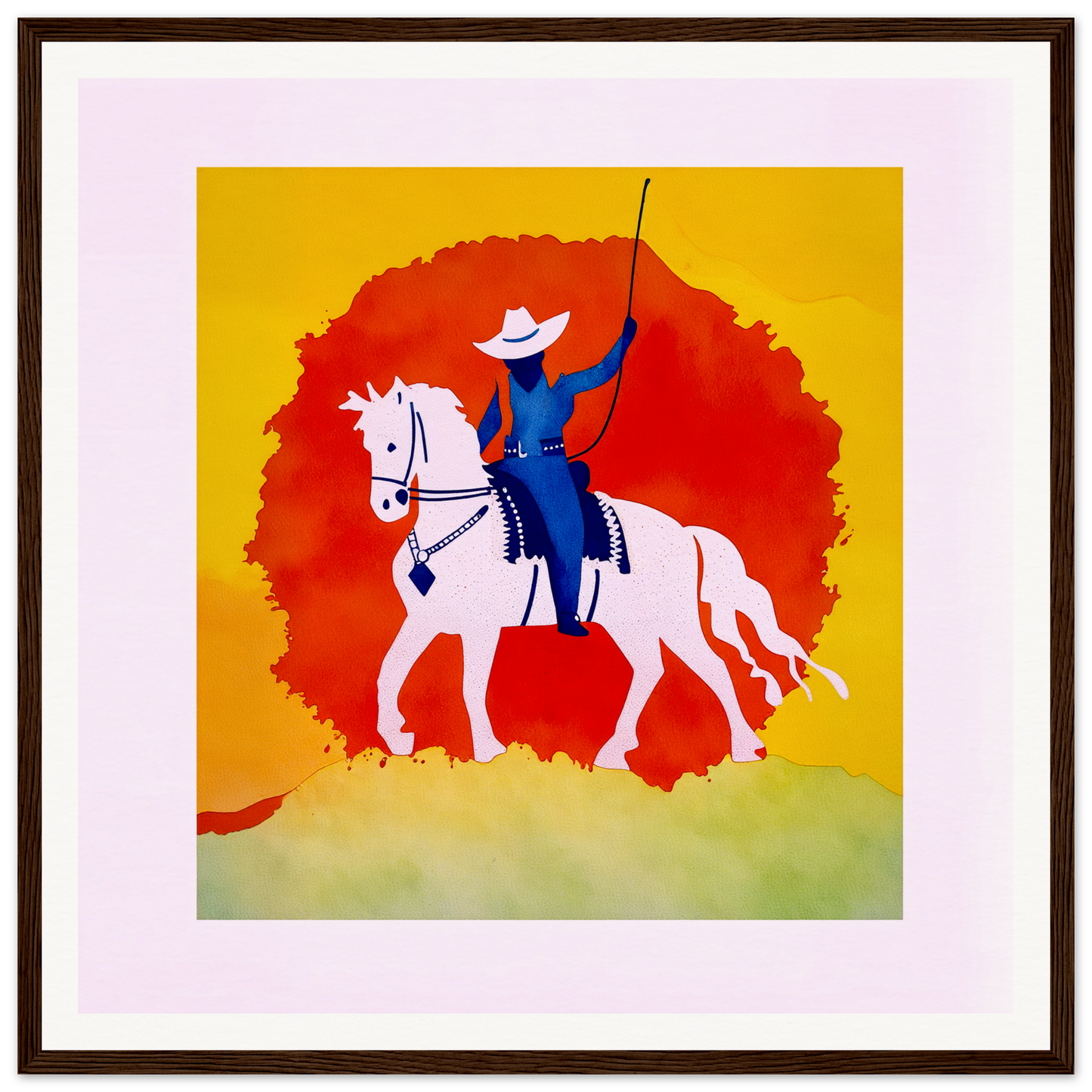 Rider in blue on a white horse with red backdrop, perfect for nursery wall art