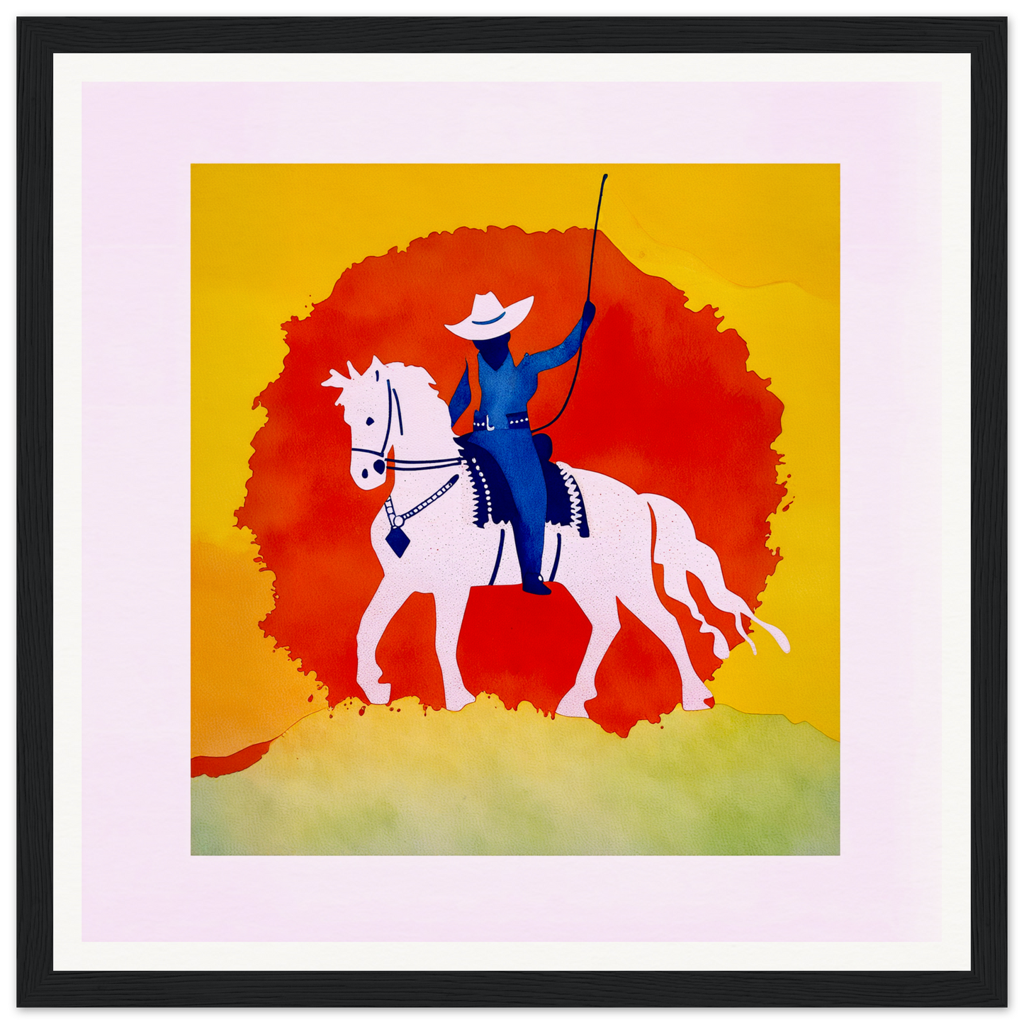 Rider in blue on white horse with red sun, perfect for nursery wall art or decor