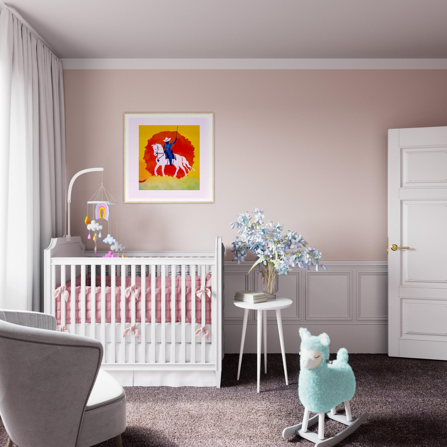 White wooden crib with pink bedding, perfect for cute nursery decor and framed posters
