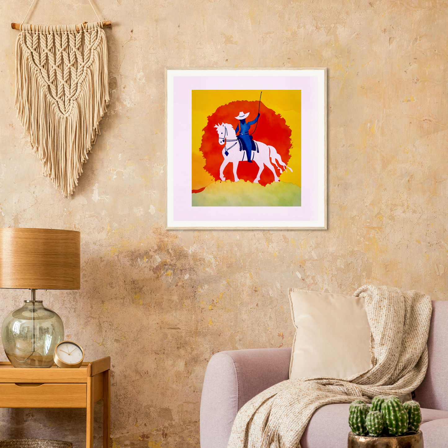 Framed poster of white horse and rider silhouette for unique nursery wall art decor