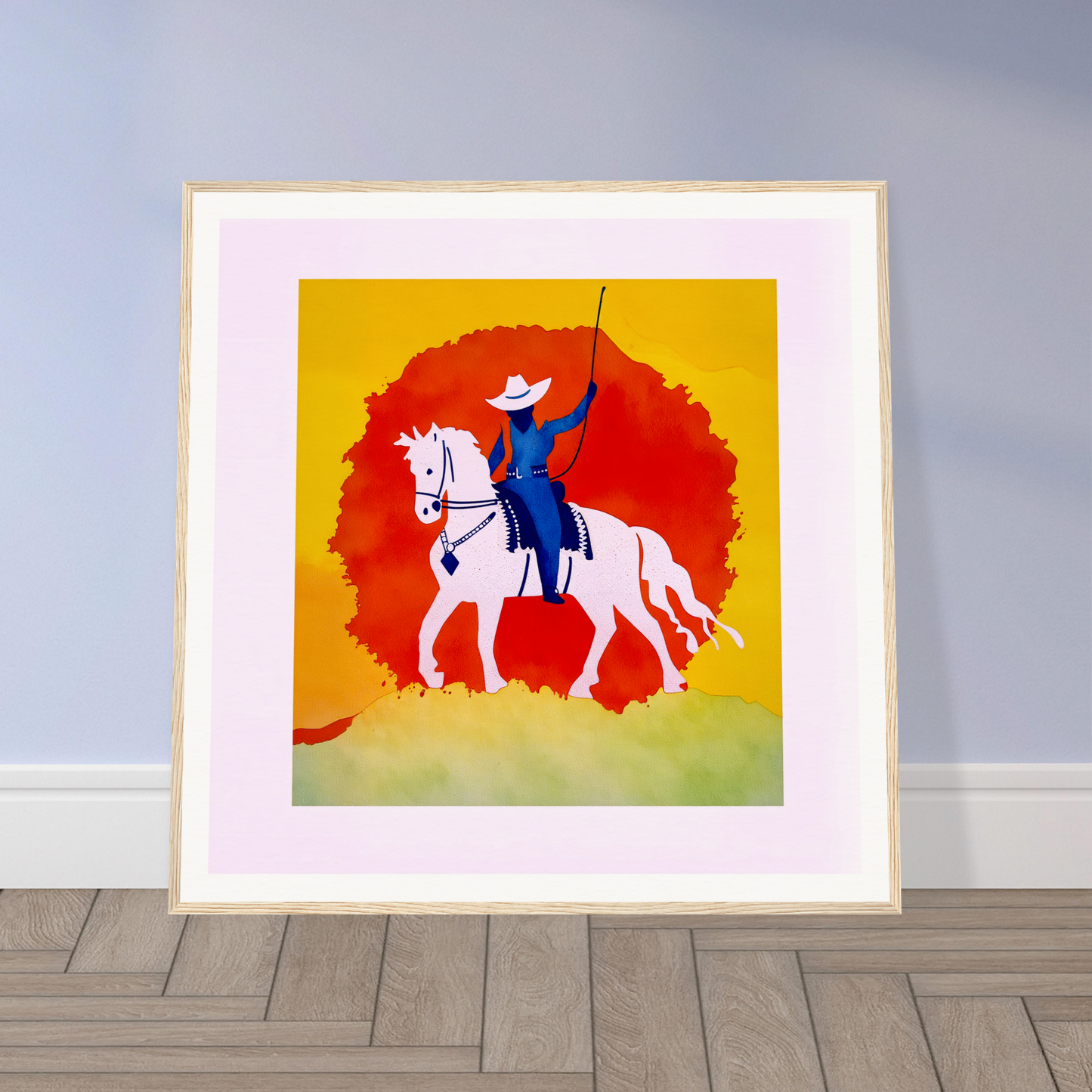 Framed poster of blue rider on white horse, perfect nursery wall art decor