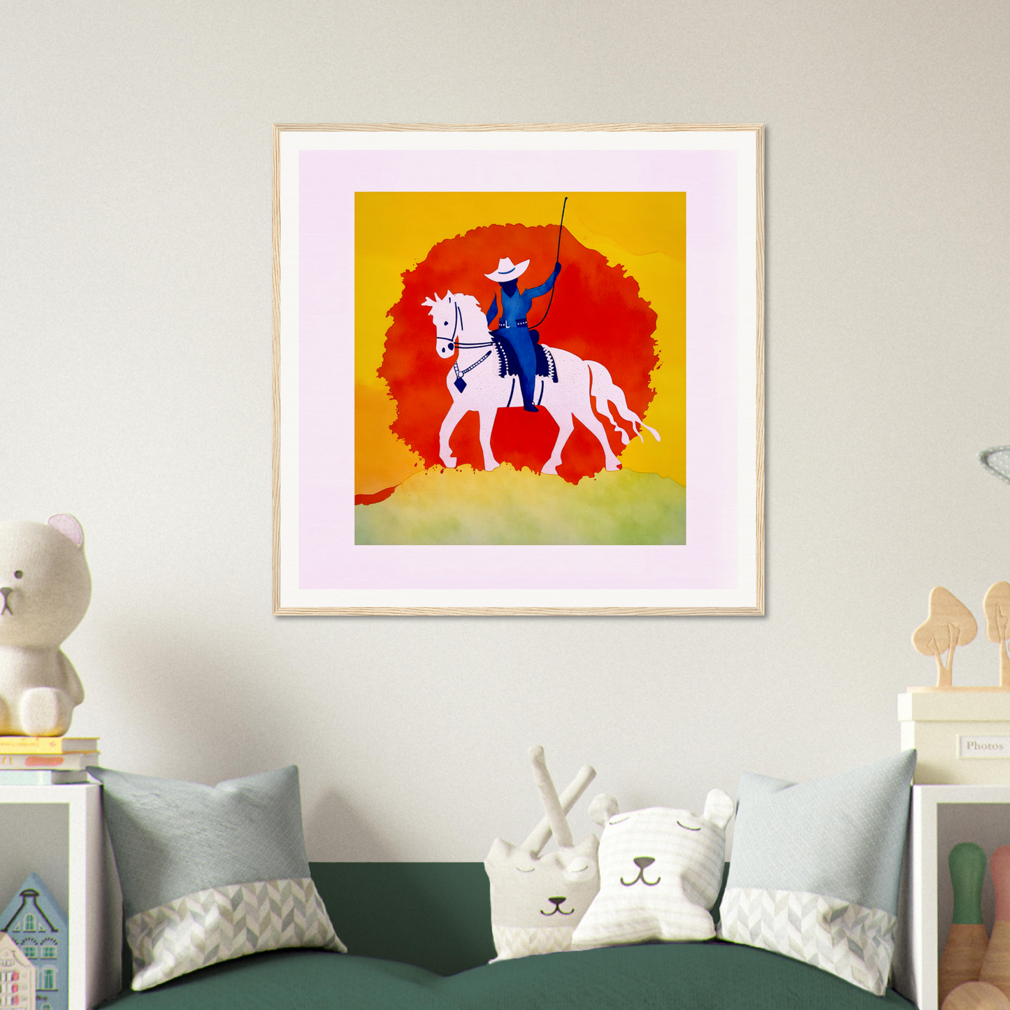Framed poster of a rider on horseback for cool nursery wall art and decor