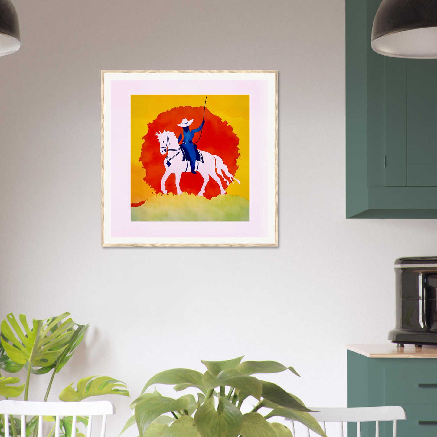 Framed poster of a figure in blue on a white horse, perfect for nursery decor