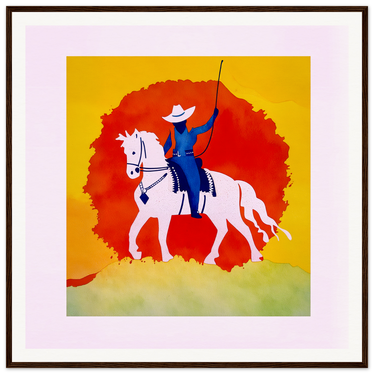 Figure in blue on a white horse with red circle, perfect for nursery wall art