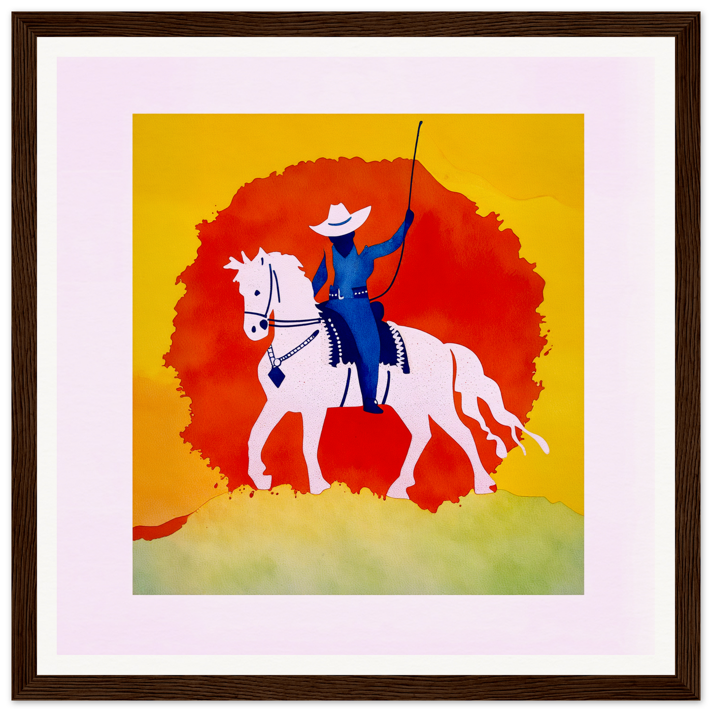 A rider in blue on a white horse with a red sun for Nursery Wall Art or Decor