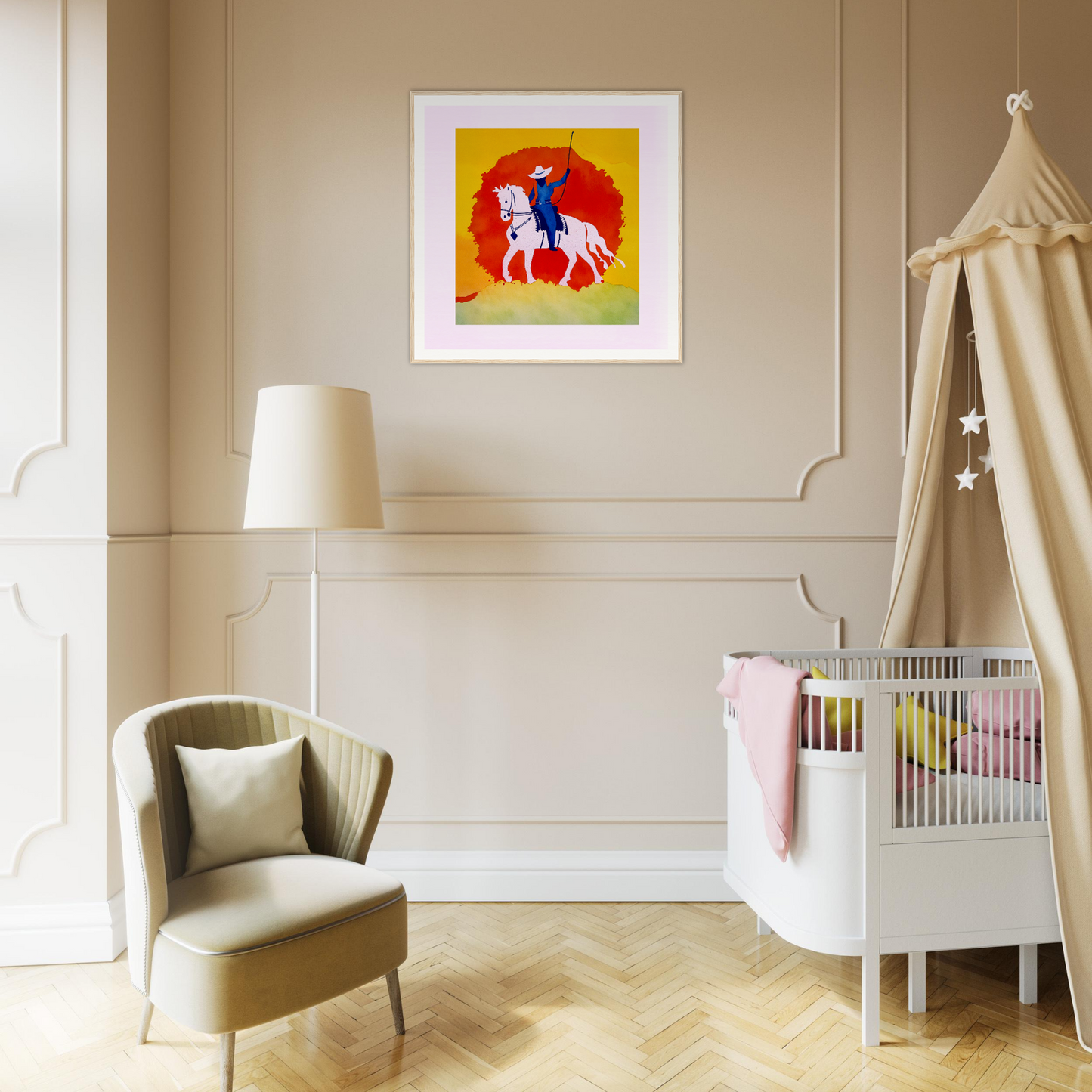 Framed poster of a white unicorn on red perfect for nursery wall art and decor