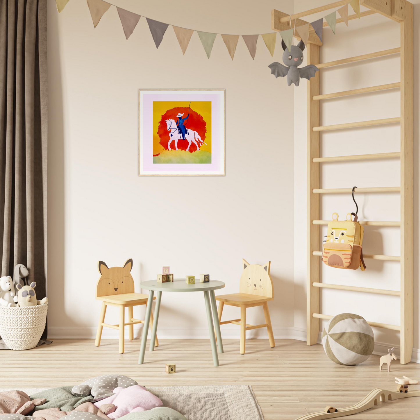 Wooden animal-themed chairs and table in a fun kids play area for nursery decor