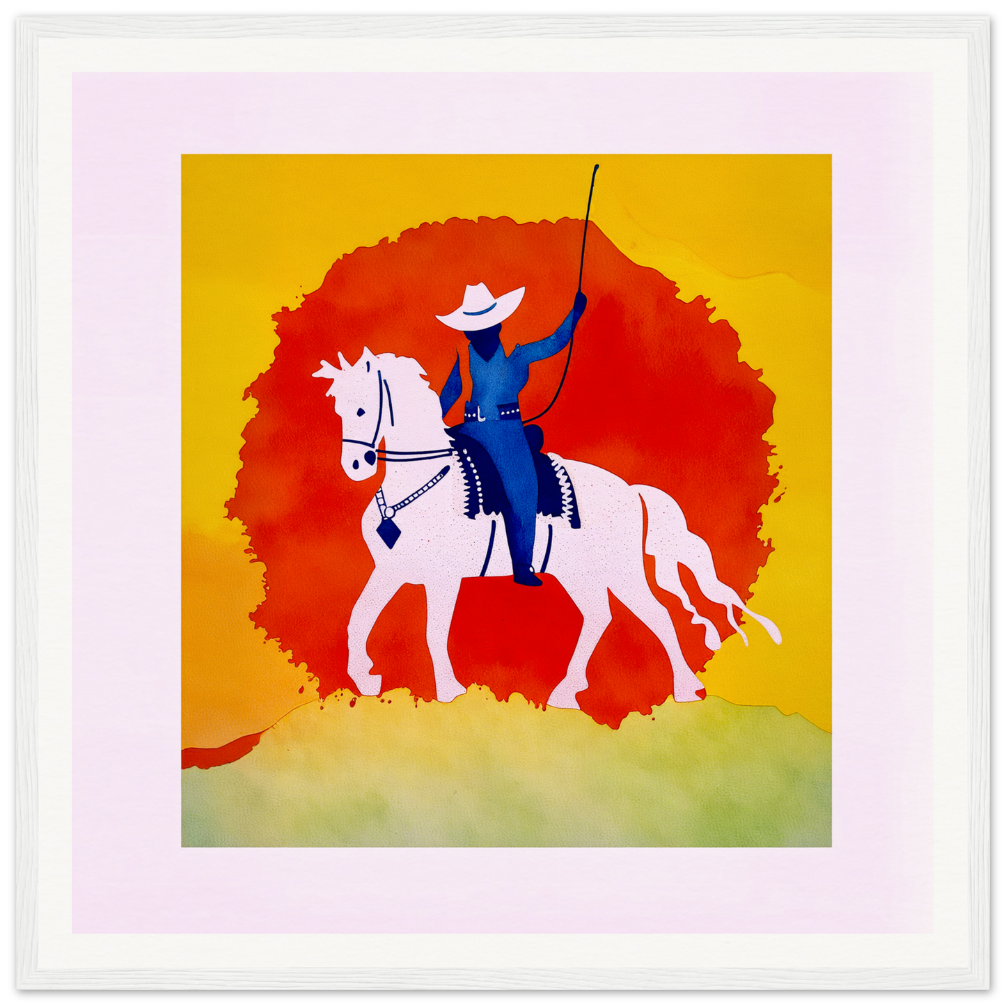 Silhouetted figure on a white horse with red backdrop, perfect for nursery wall art