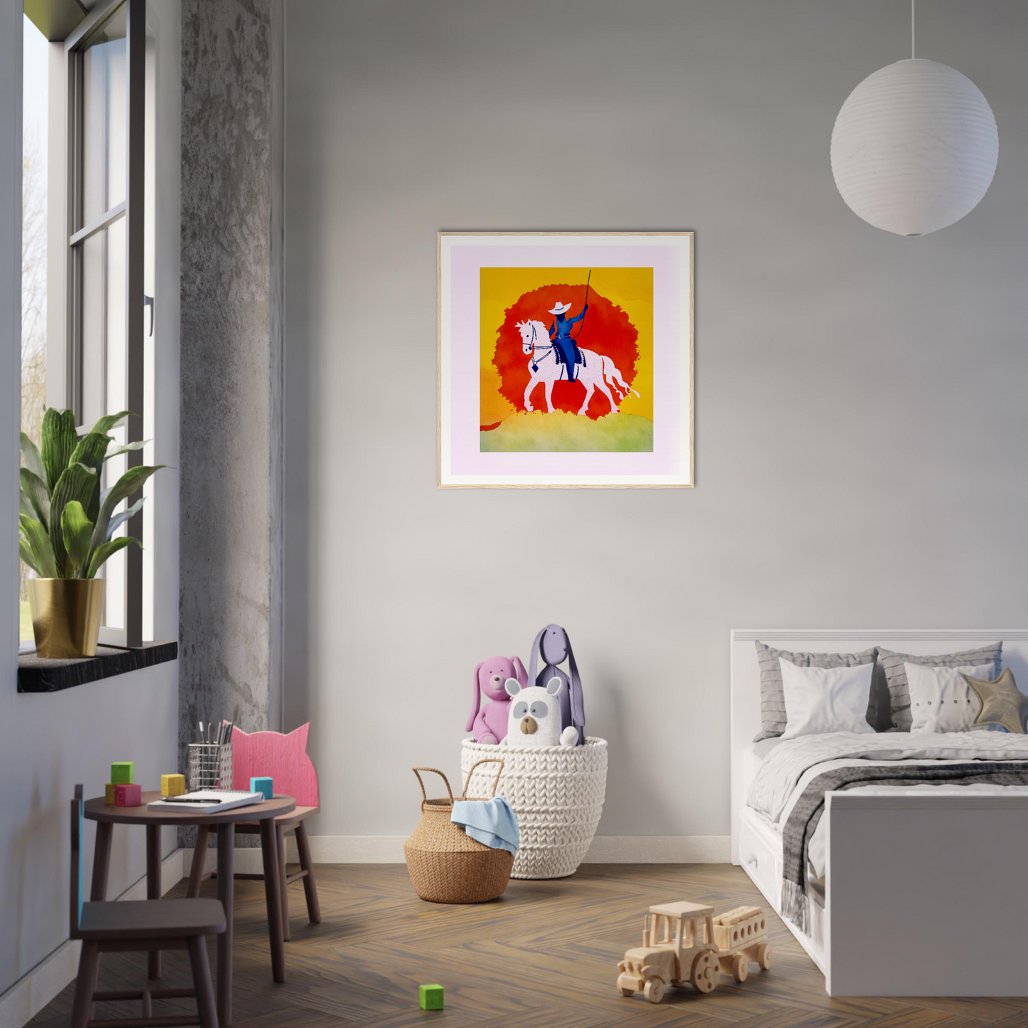 Framed poster of a figure with a dog, perfect for nursery wall art and decor