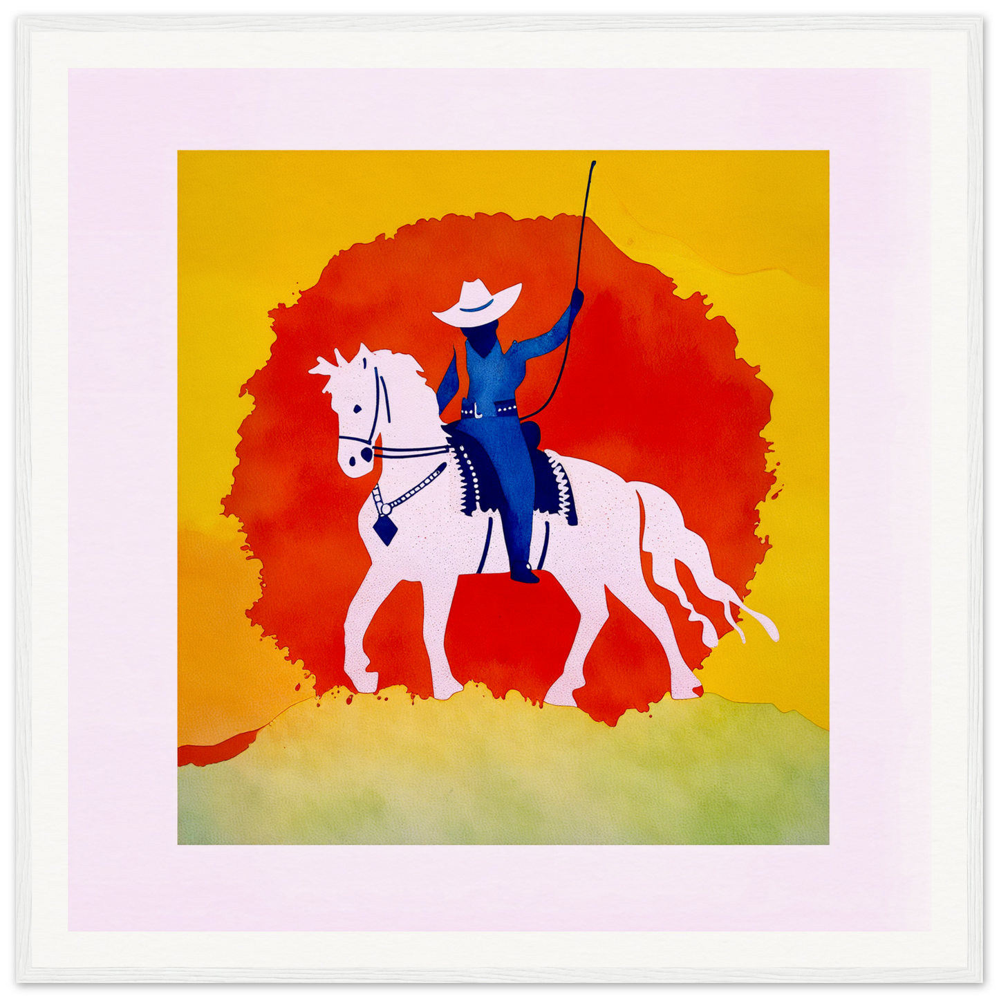 Vibrant nursery wall art of a figure in blue on a white horse with red backdrop