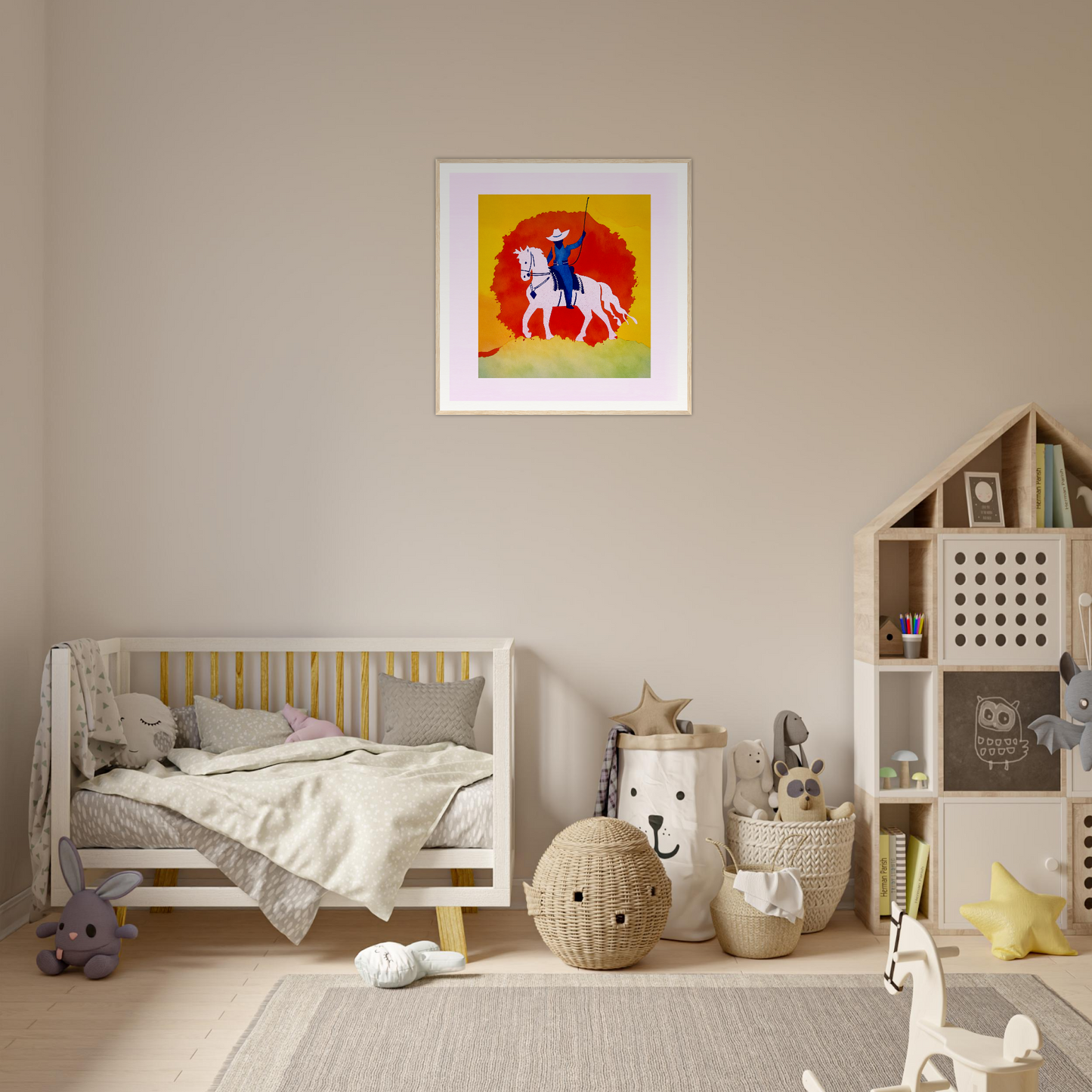 Cozy nursery decor featuring a wooden crib, woven baskets, and cute nursery wall art