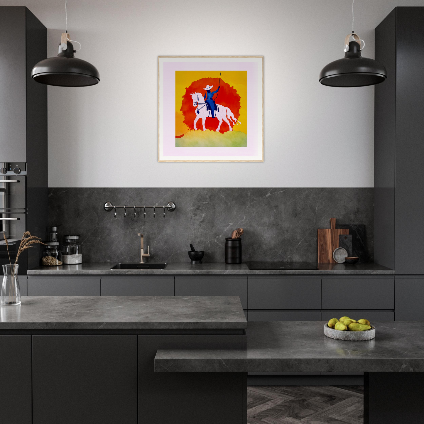 Modern dark gray kitchen with industrial lighting and vibrant nursery wall art product199