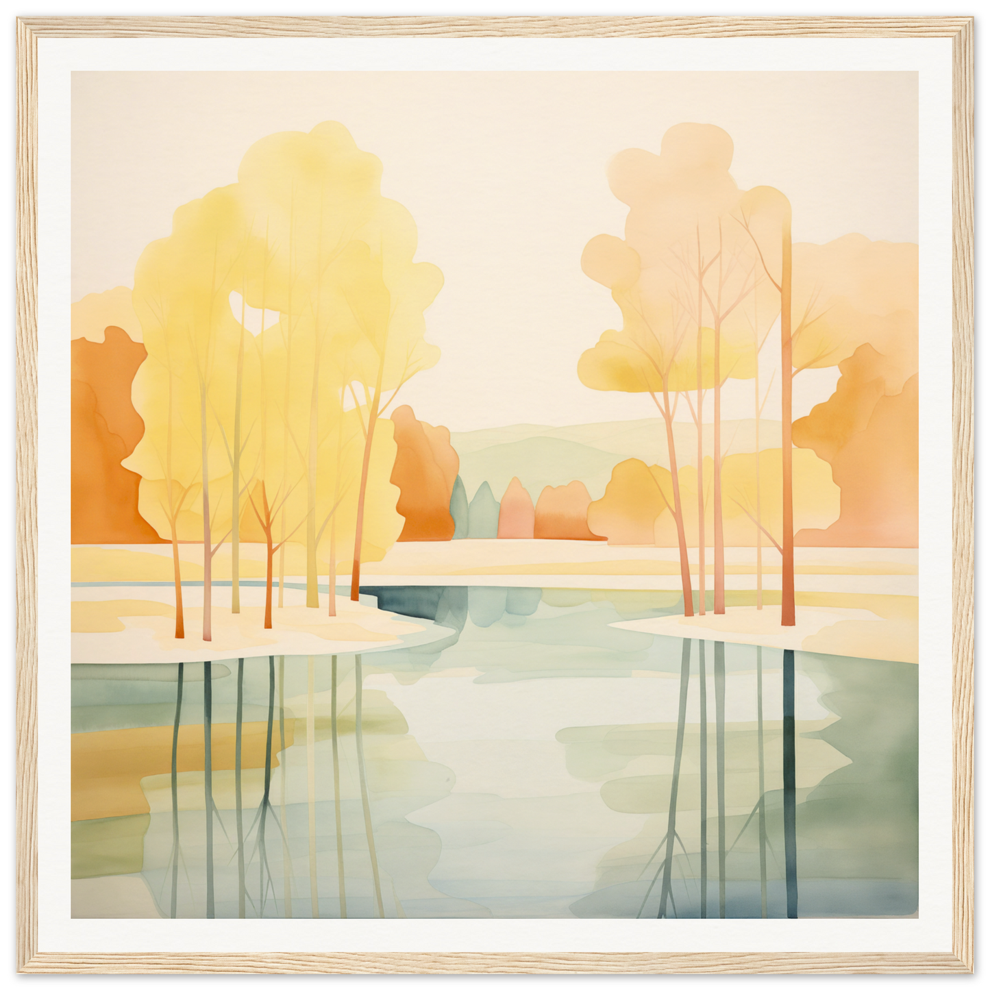 Watercolor painting of a tranquil river through autumn trees for nursery wall art
