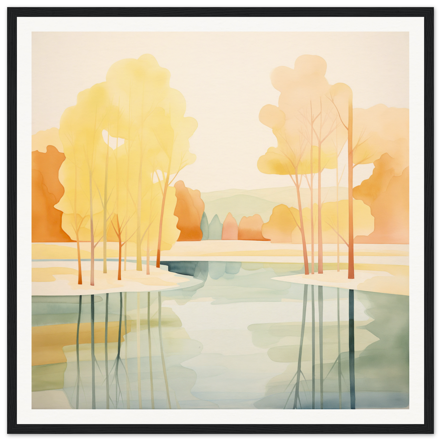 Watercolor painting of autumn trees in a river for nursery wall art or decor
