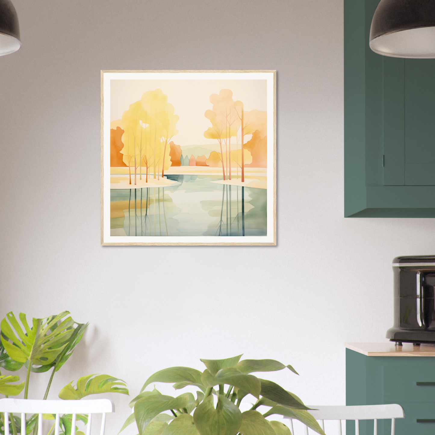 Framed watercolor nursery wall art of a calm autumn landscape with tree reflections