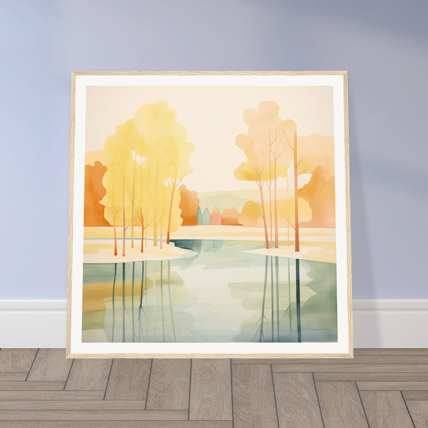 Framed watercolor painting of serene landscape for nursery wall art and decor