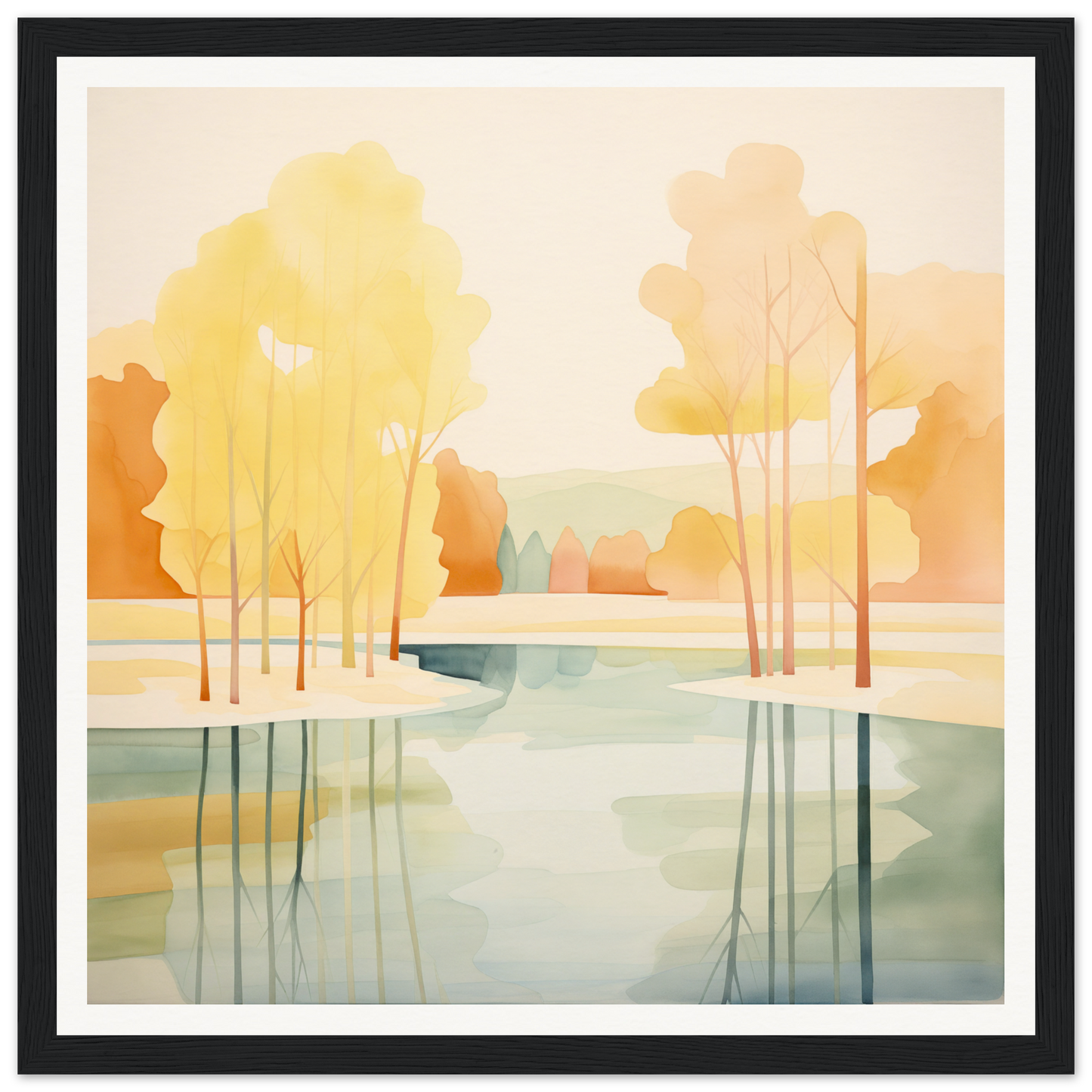 Watercolor painting of autumn trees reflecting in a lake, perfect for nursery wall art