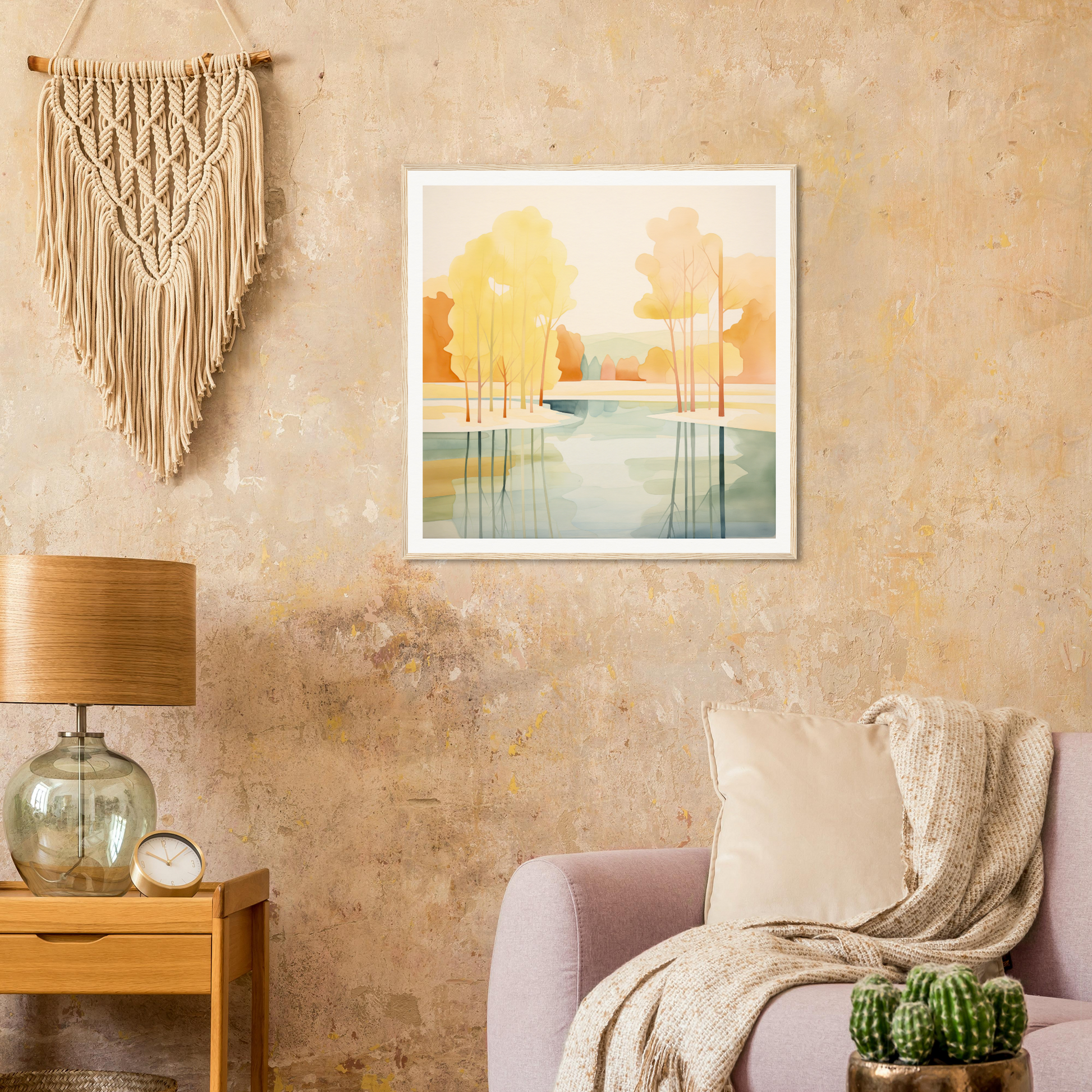 Framed watercolor landscape painting of trees and water at sunset for nursery wall art