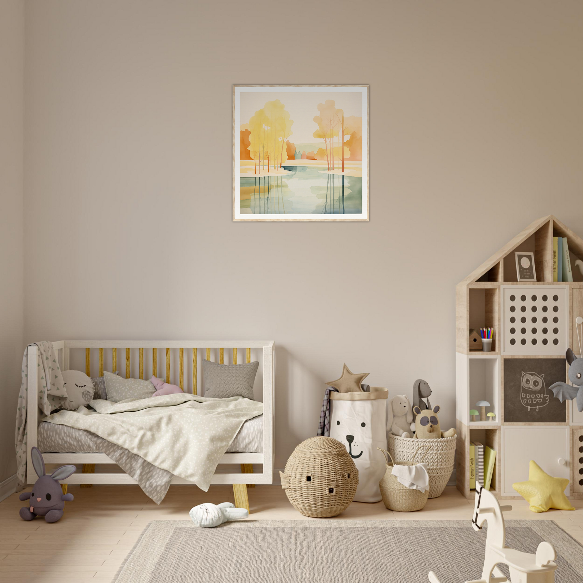 Wooden crib with gray bedding and yellow accents for chic nursery decor in Product20