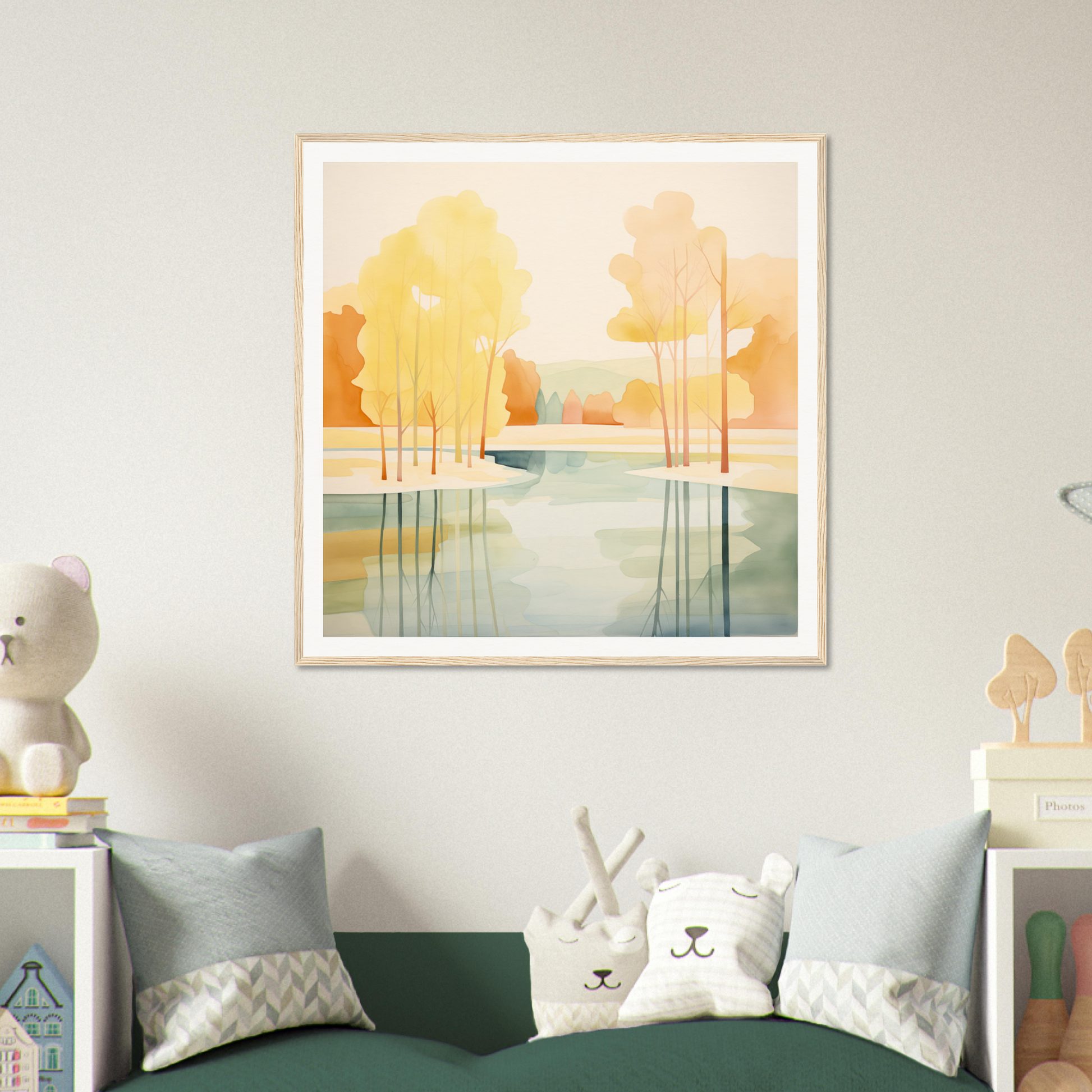 Framed watercolor nursery wall art of trees reflected in sunset water for chic decor