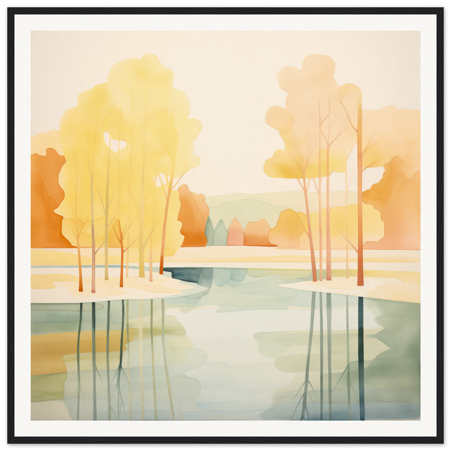 Watercolor painting of autumn trees reflecting in a calm river for nursery wall art