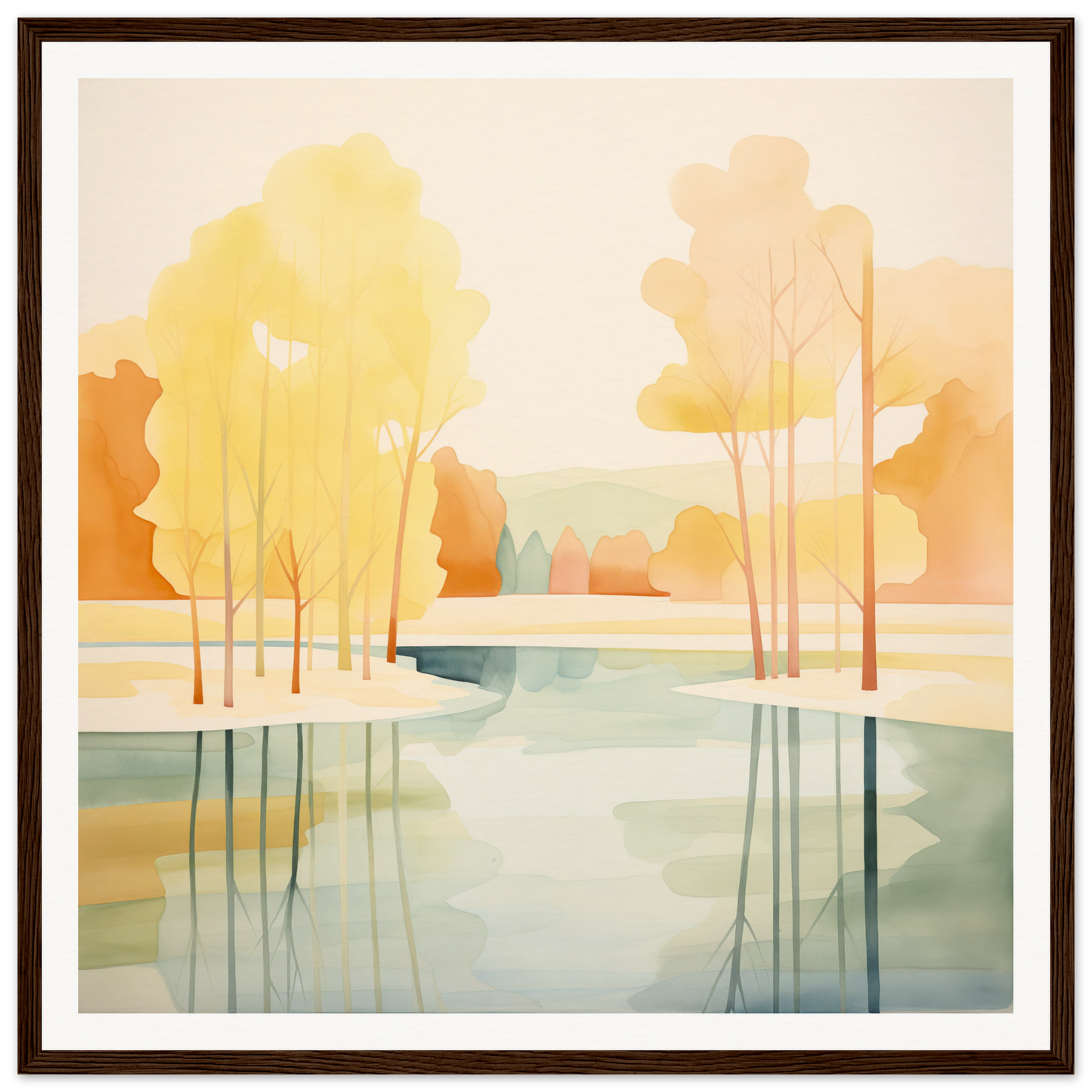 Watercolor painting of autumn trees reflecting in a river for nursery wall art