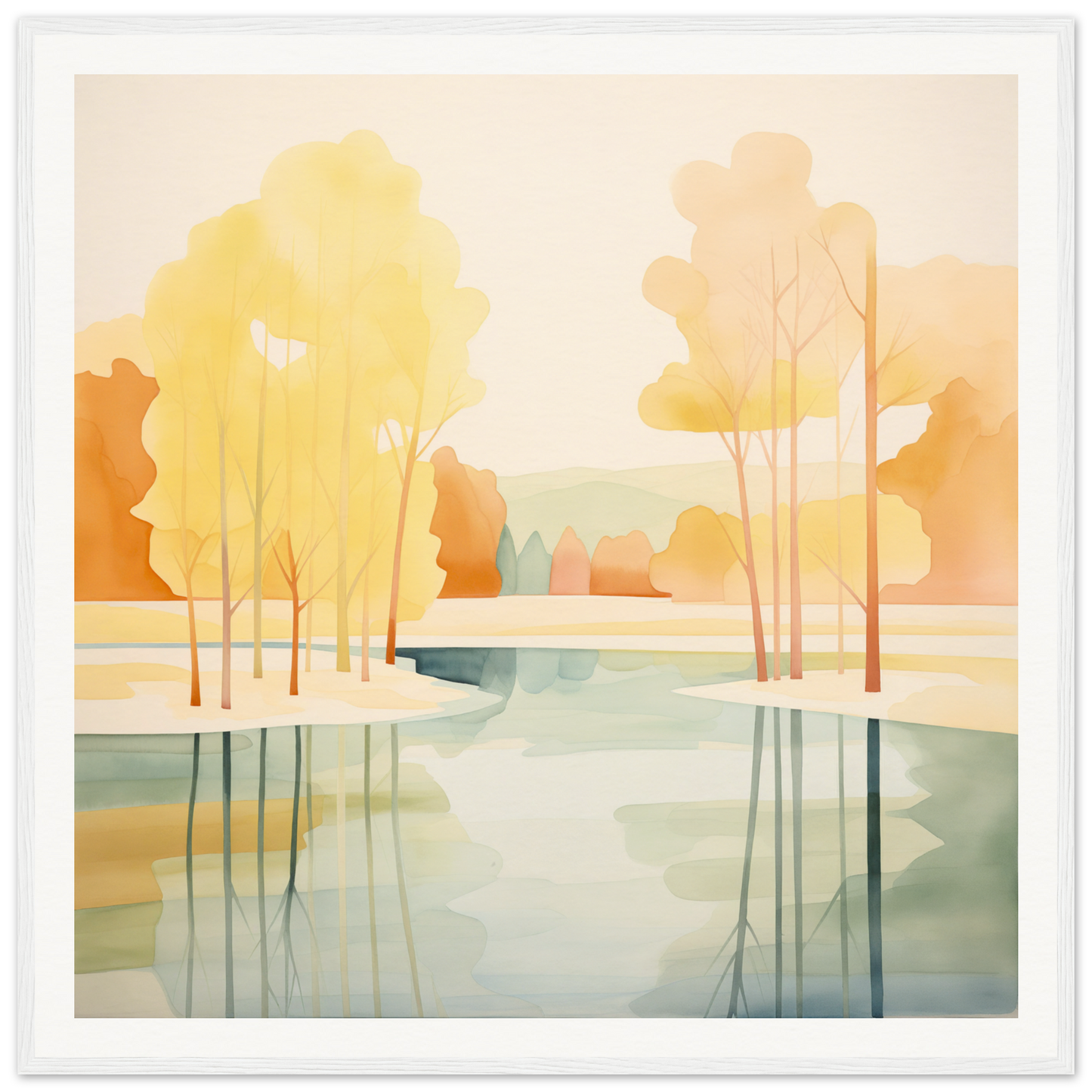 Serene watercolor landscape with autumn trees for nursery wall art or decor
