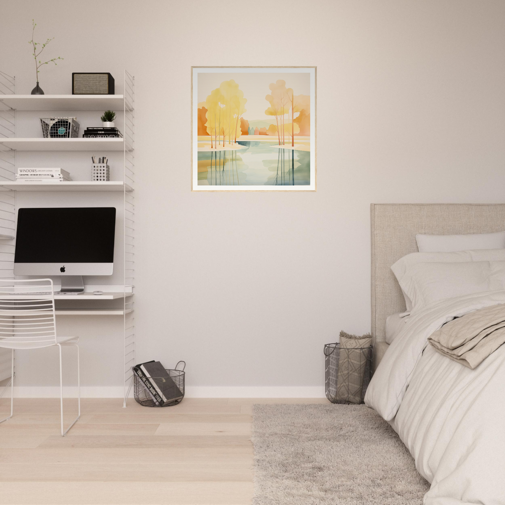 Minimalist bedroom with floating shelves, iMac workstation, and stylish nursery wall art