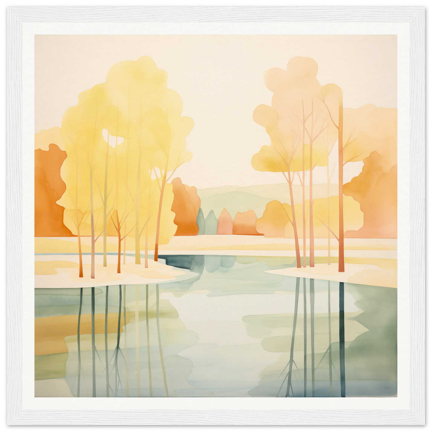Watercolor painting of a serene river with autumn trees for nursery wall art decor