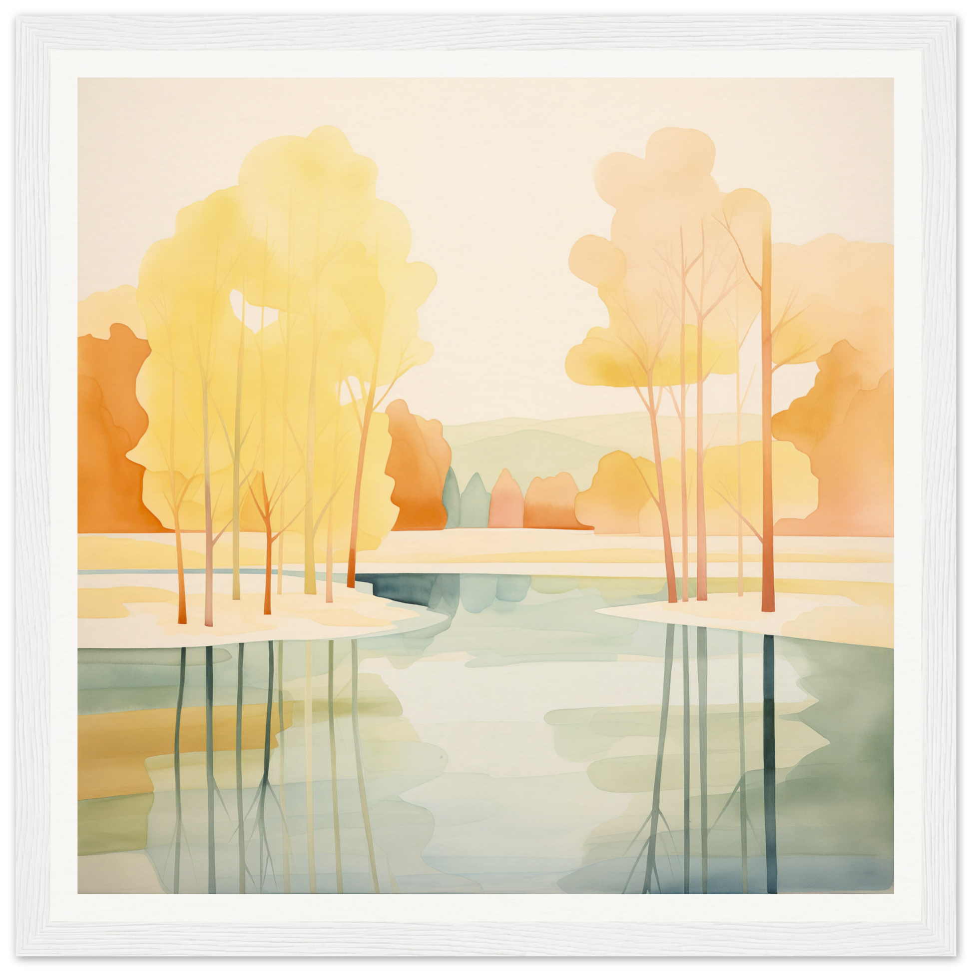 Watercolor painting of a serene river with autumn trees for nursery wall art decor