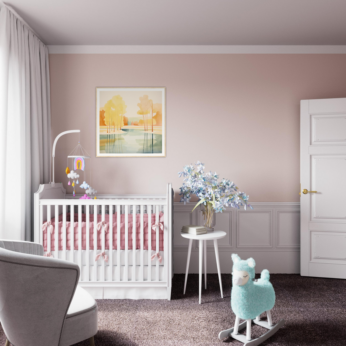 Cozy white wooden crib with pink bedding, perfect for nursery decor and wall art