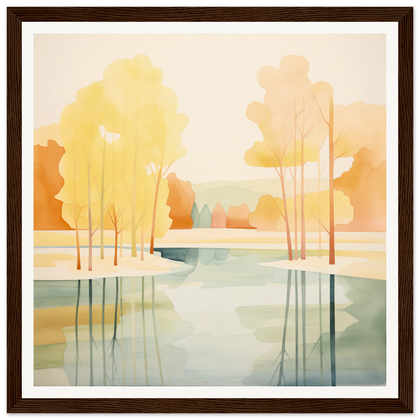 Watercolor painting of autumn trees reflected in a river for nursery wall art