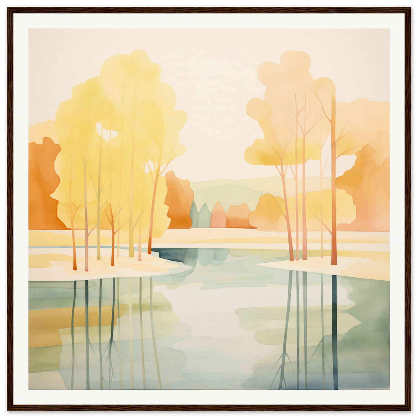 Peaceful watercolor landscape of autumn trees for nursery wall art or decor