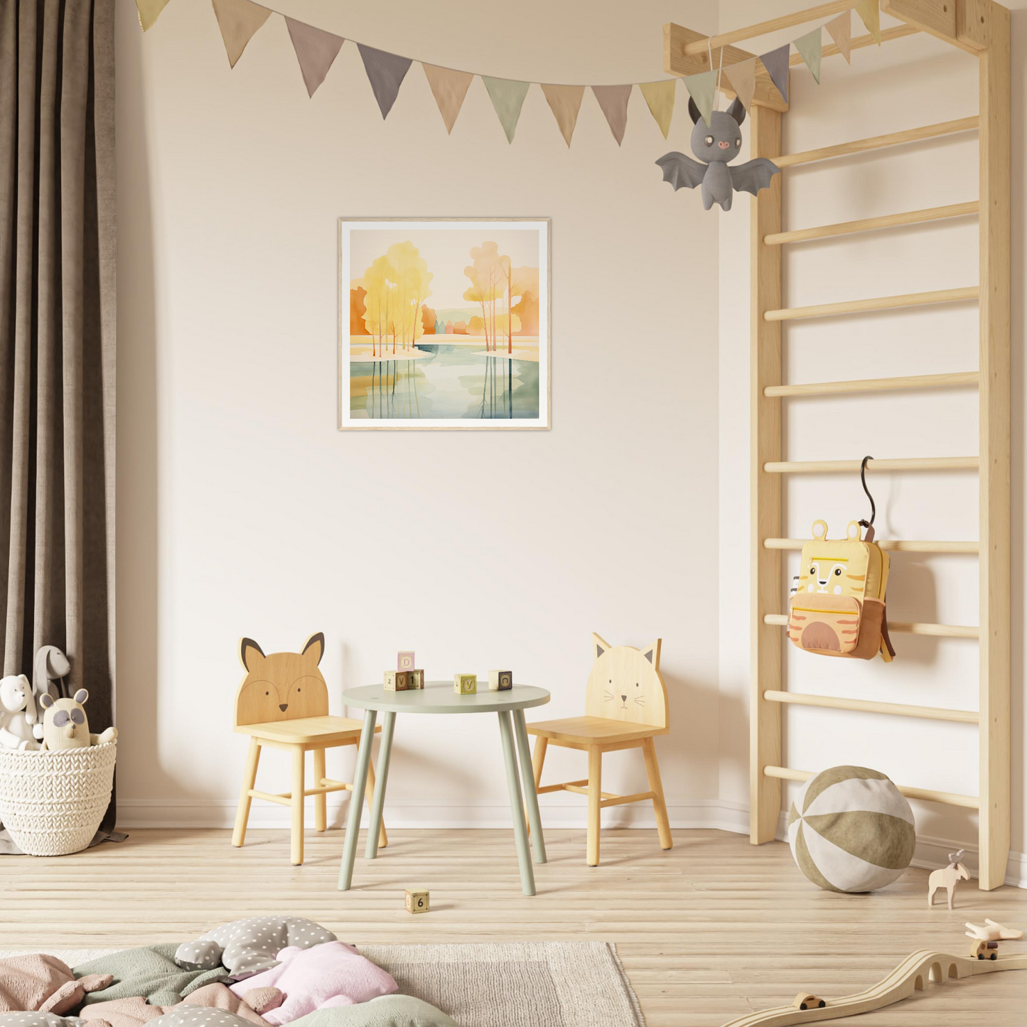 Kids’ play area with fun animal chairs, perfect for nursery decor and framed posters