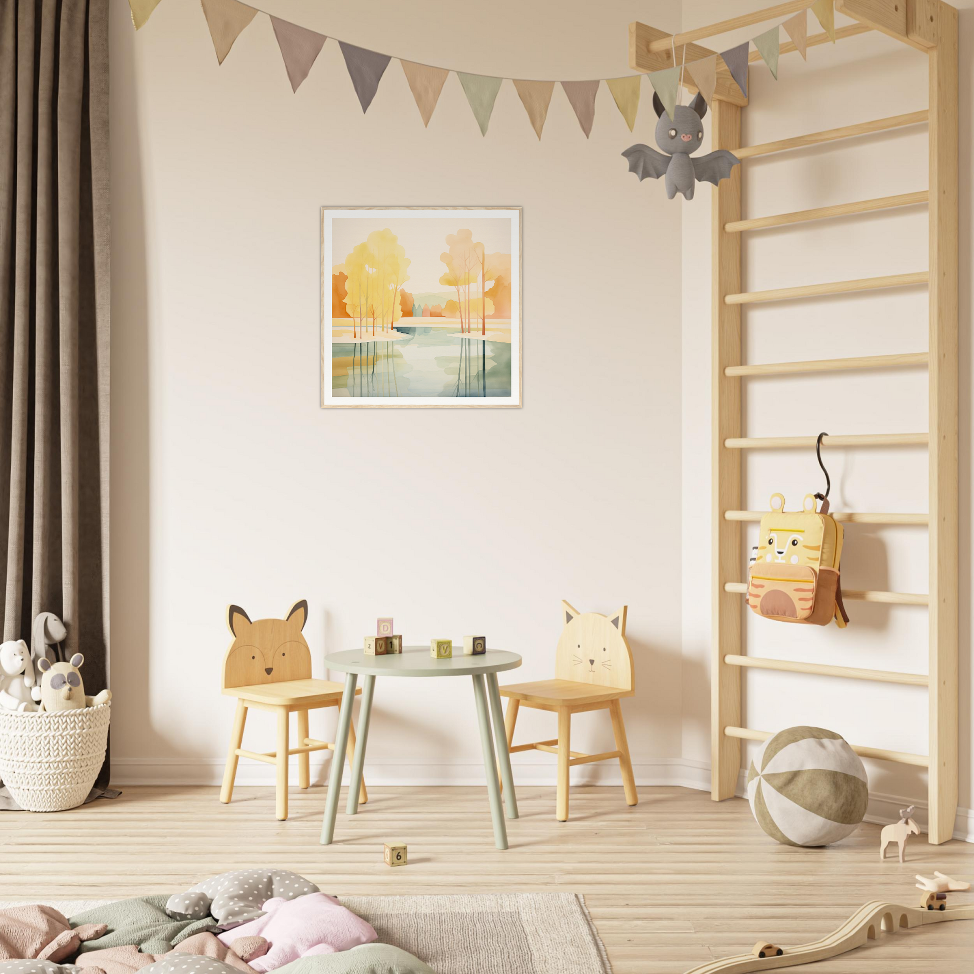 Kids’ play area with fun animal chairs, perfect for nursery decor and framed posters
