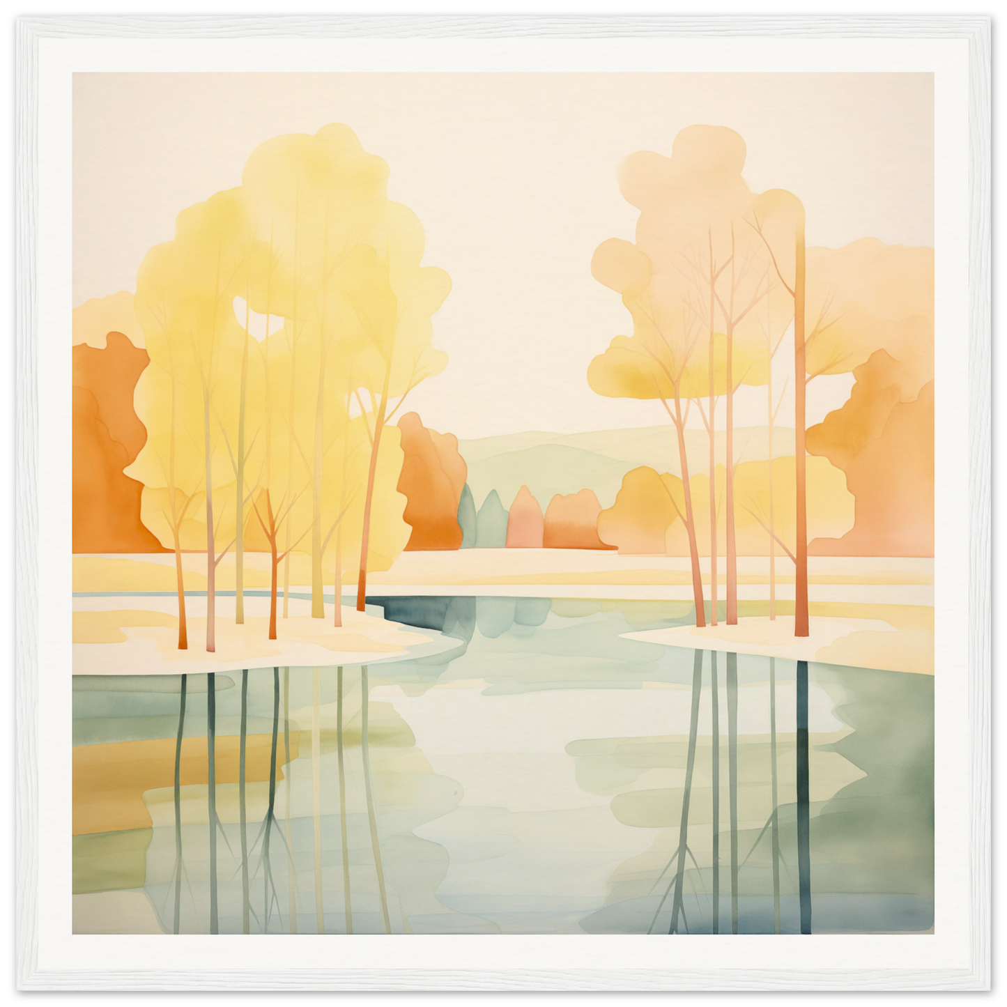 Watercolor painting of autumn trees in river, perfect for nursery wall art or decor