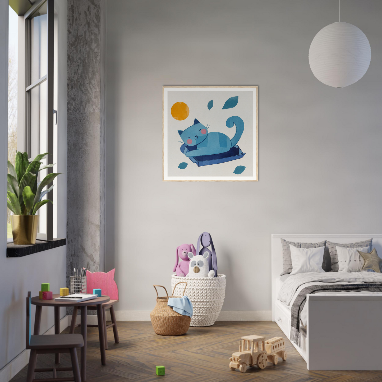 Modern bedroom with minimalist decor and playful nursery wall art of a blue whale