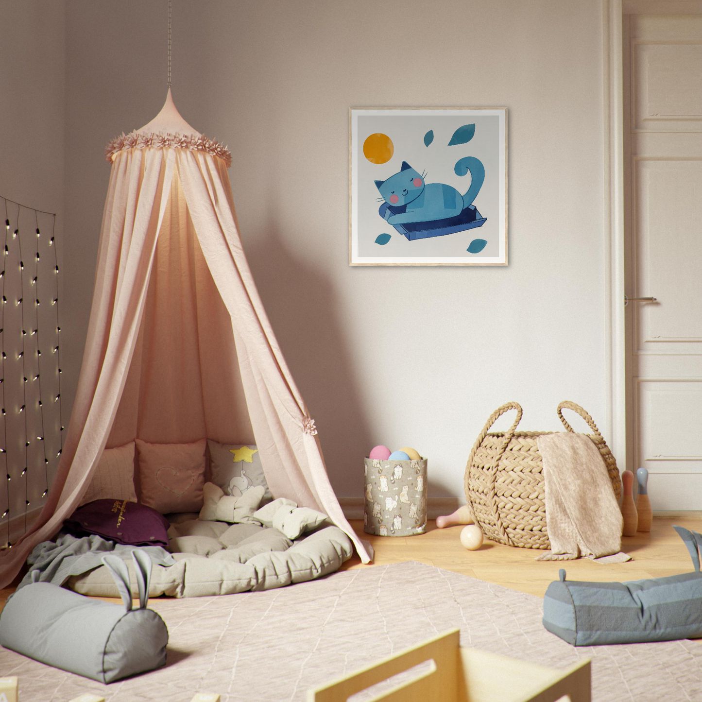 Peach-colored canopy tent with draped fabric perfect for nursery decor and wall art