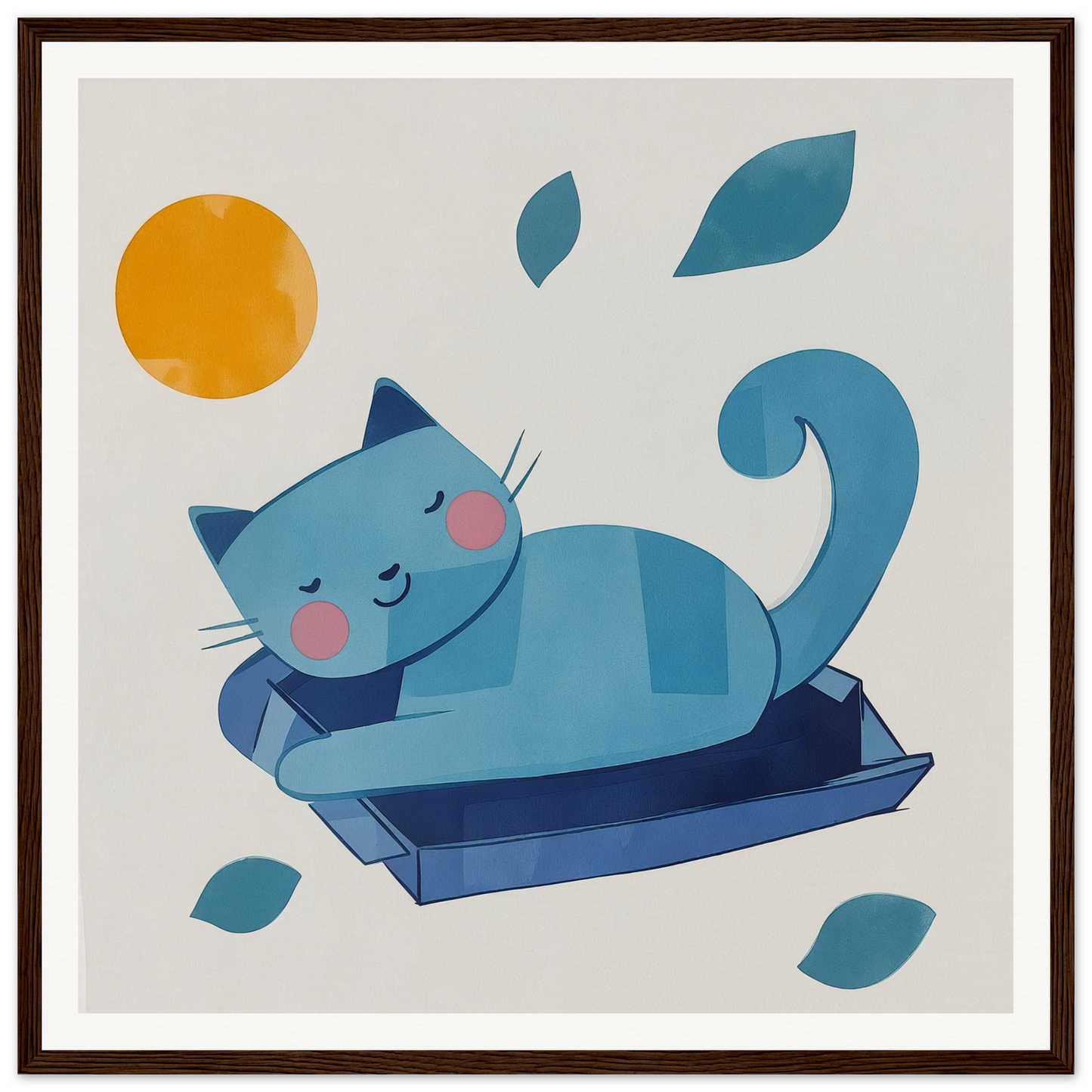Blue cat napping in a litter box, perfect for nursery wall art or decor