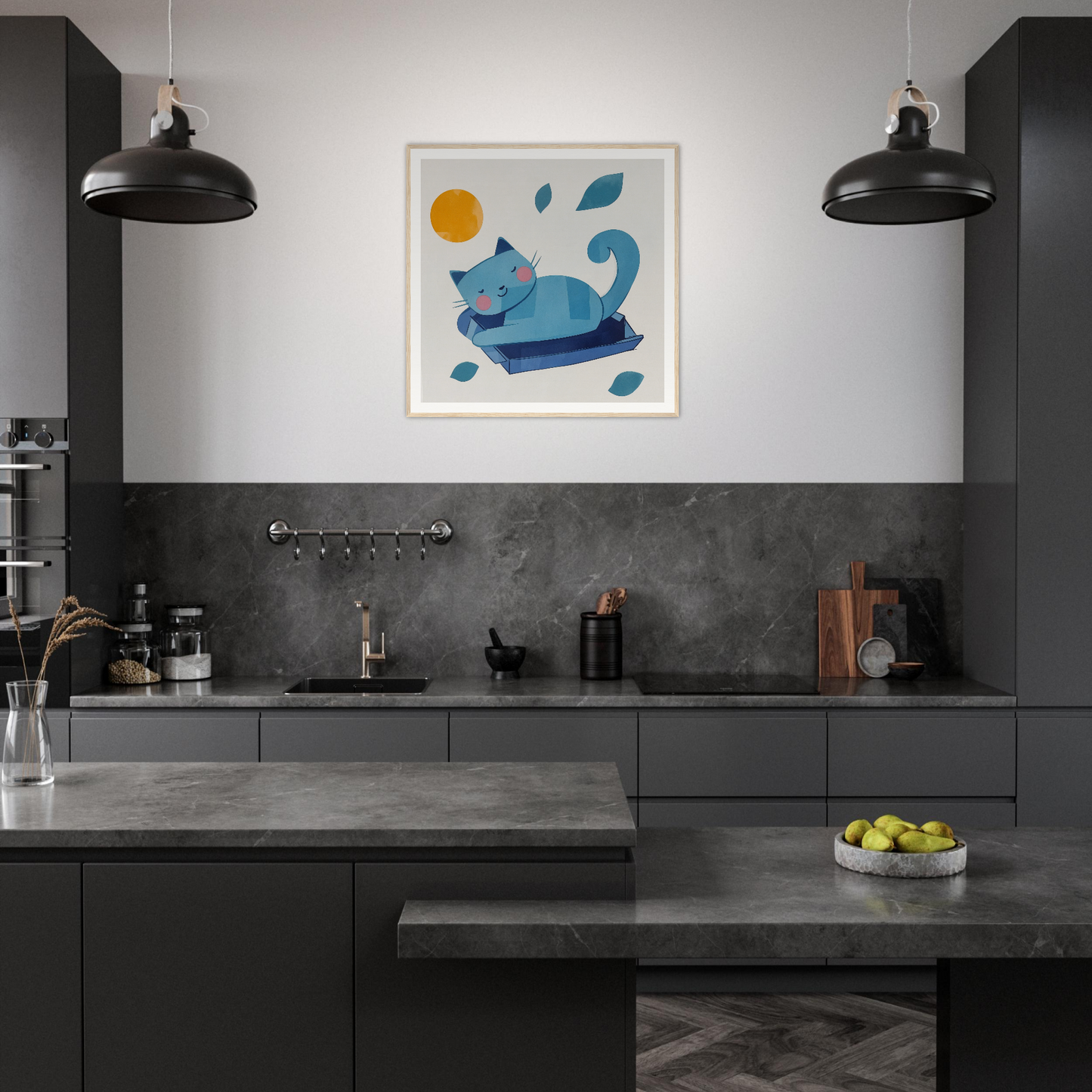 Modern dark kitchen featuring industrial lights and colorful nursery wall art