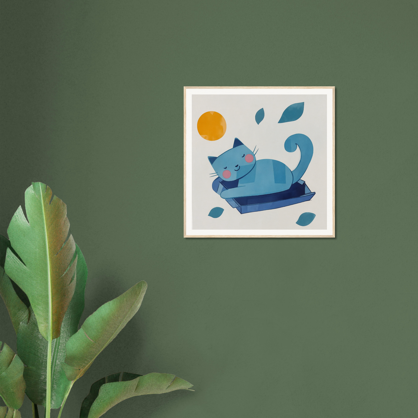 Framed poster of a blue cat napping, perfect for nursery decor with falling leaves