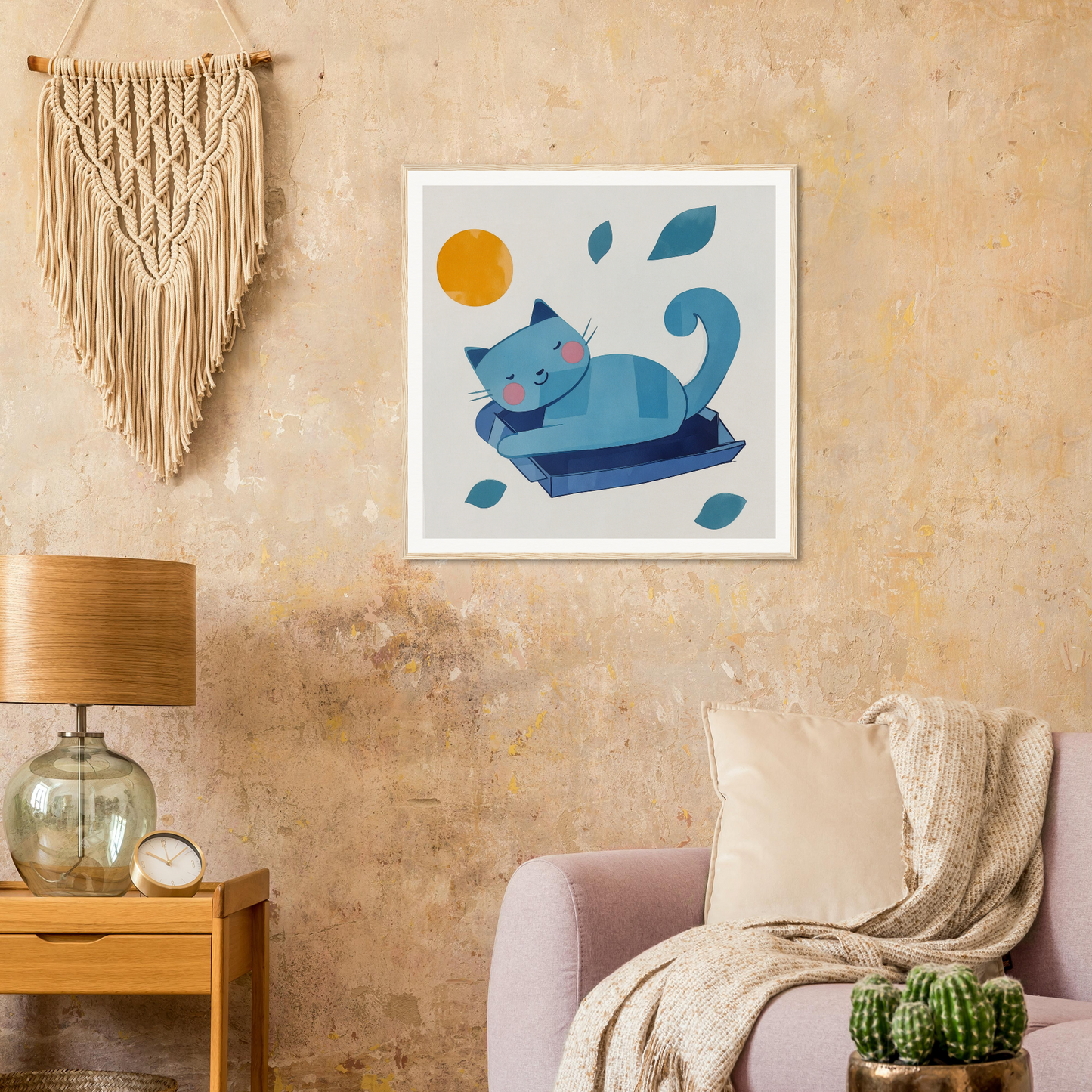 Framed poster of a blue cat napping in leaves, perfect nursery wall art