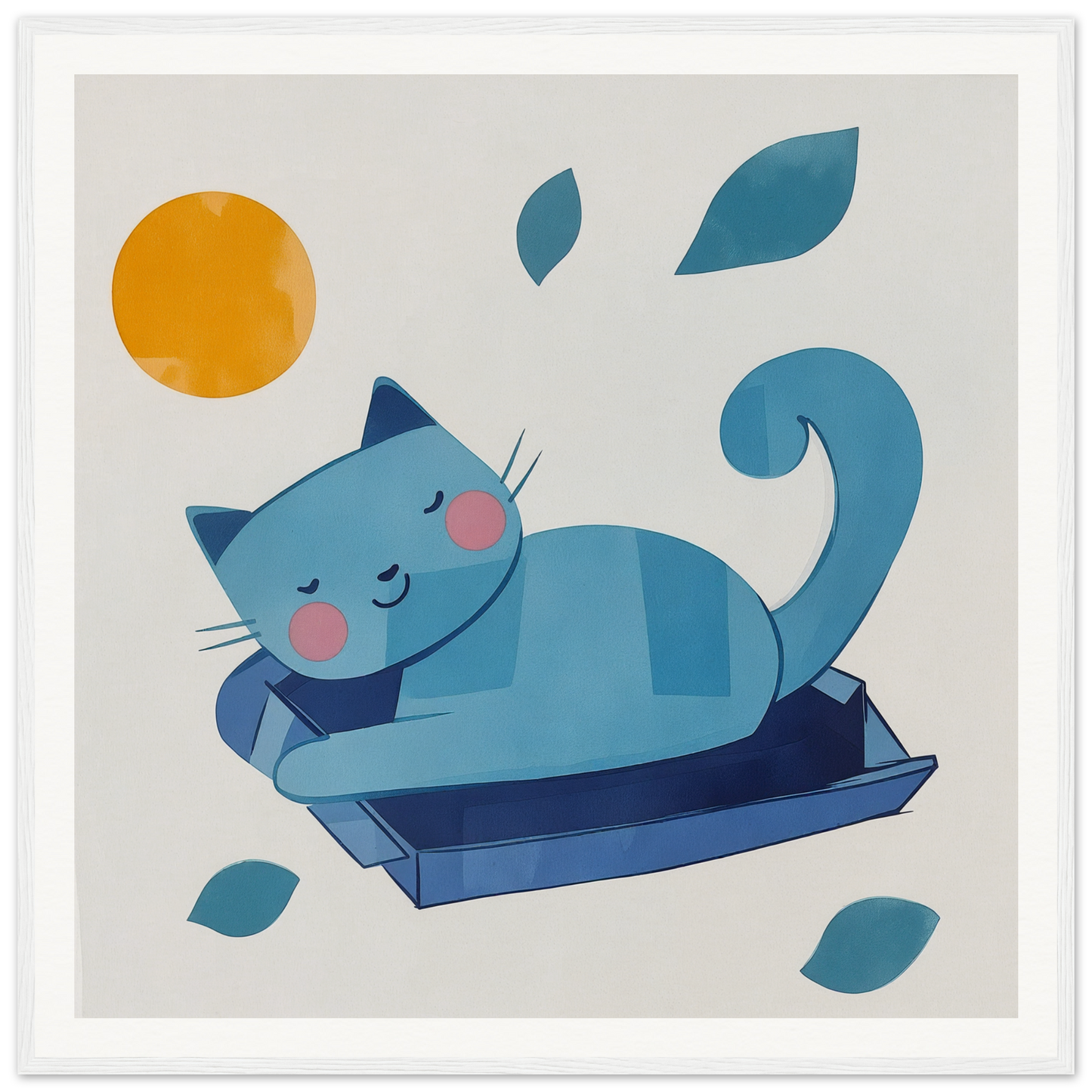 Blue cat sleeping in a box, perfect for nursery wall art or nursery decor