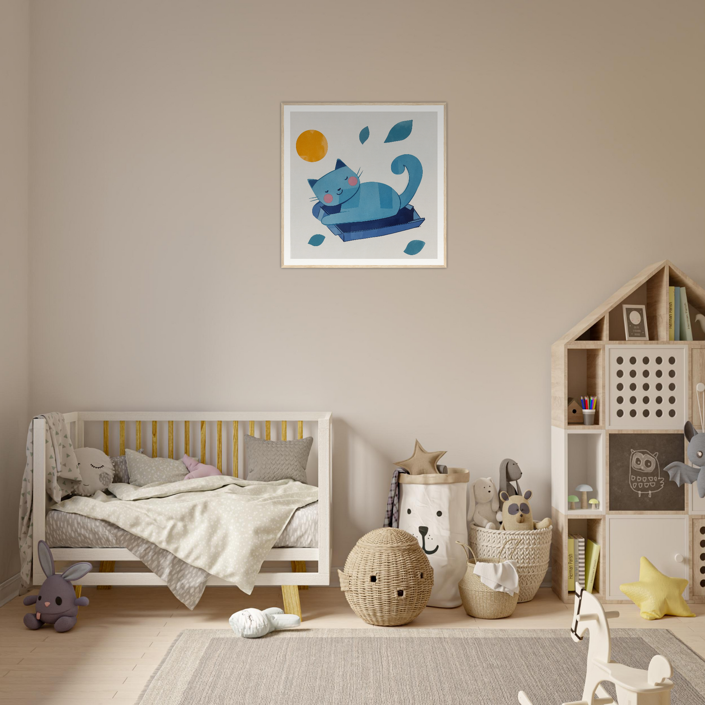 Wooden crib with gray bedding and yellow accents, perfect for nursery decor